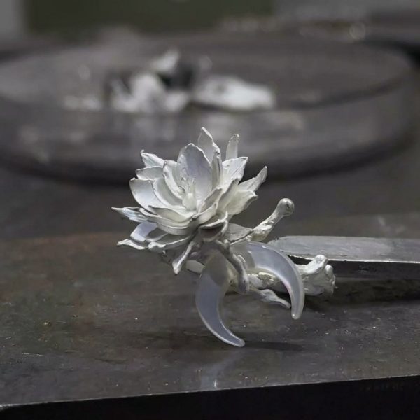 Ethereal Bloom: Matte Sterling Silver & Moonstone Epiphyllum Ring