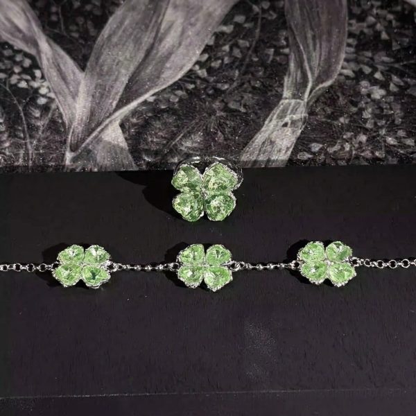 Lucky Radiance: Sterling Silver & Green Crystal Four-Leaf Clover Adjustable Bracelet