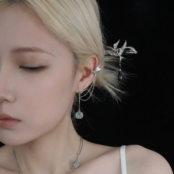 Ethereal Freedom: Stray Birds Green Fluorite & S925 Sterling Silver Asymmetric Earrings