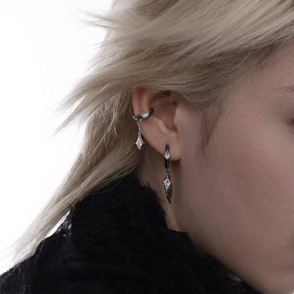 Mystic Protection: Gothic Feather & Garnet-Red Zirconia Huggie Earrings