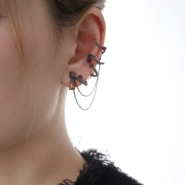 Mystic Transformation: Sterling Silver & Zirconia Serpent Rose Ear Cuff Studs