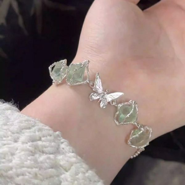 Ethereal Serenity: Sterling Silver & Green Crystal Butterfly Bracelet