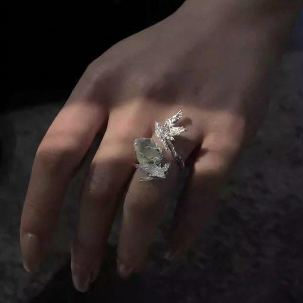 Spring Renewal: Natural Green Crystal & 925 Silver Flying Bird Adjustable Ring