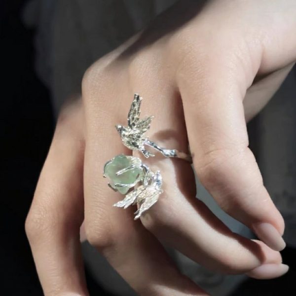 Spring Renewal: Natural Green Crystal & 925 Silver Flying Bird Adjustable Ring