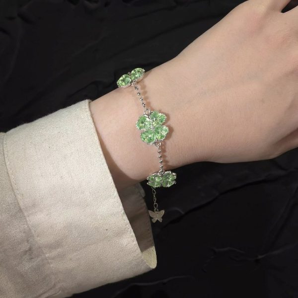 Lucky Radiance: Sterling Silver & Green Crystal Four-Leaf Clover Adjustable Bracelet