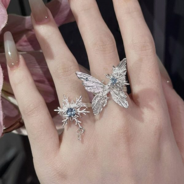 Ethereal Transformation: Winter Butterfly & Snowflake Zircon Adjustable Ring