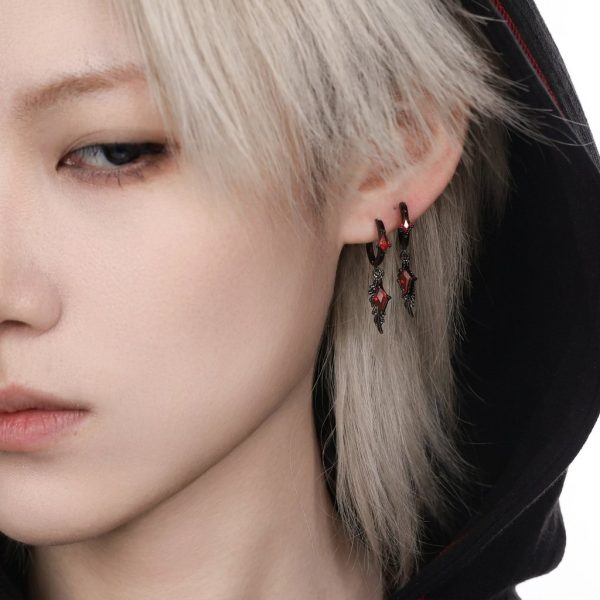 Mystic Protection: Gothic Feather & Garnet-Red Zirconia Huggie Earrings