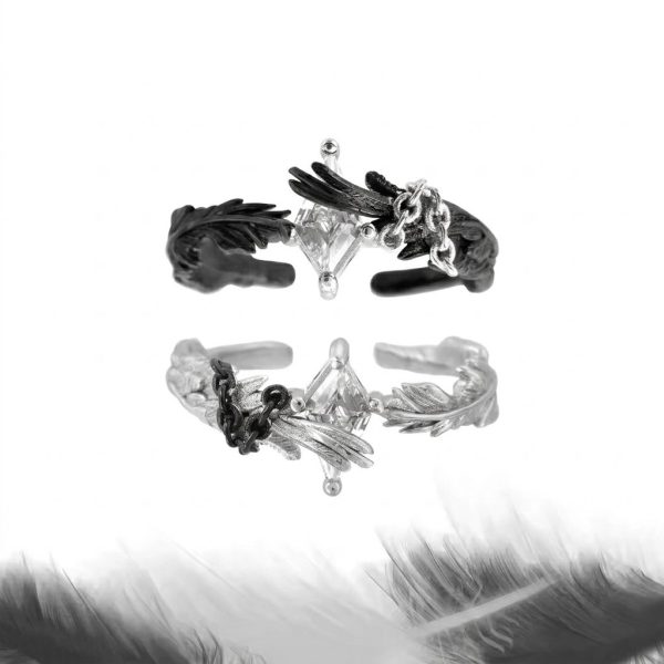 Eternal Paradox: Sterling Silver Dove & Raven Feather Garnet Couple Rings