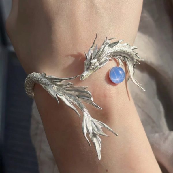 Ethereal Guardian: Sterling Silver & Blue Moonstone Wandering Dragon Cuff