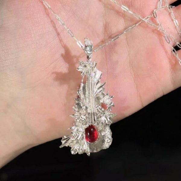 Melodic Passion: Natural Red Garnet & Sterling Silver Violin Pendant Necklace
