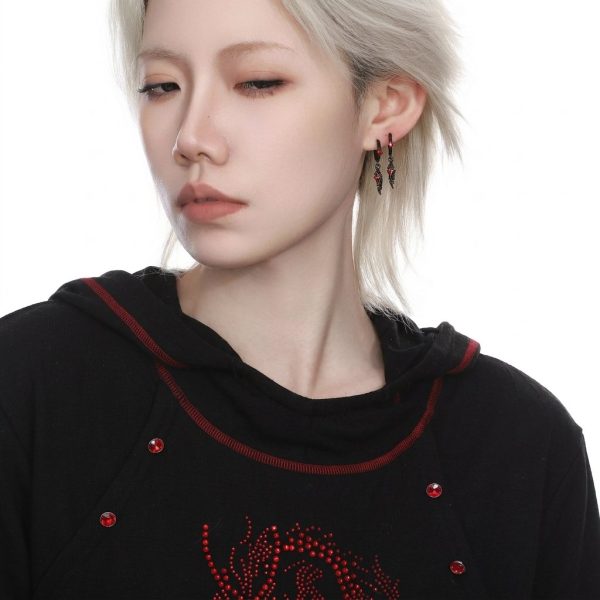 Mystic Protection: Gothic Feather & Garnet-Red Zirconia Huggie Earrings