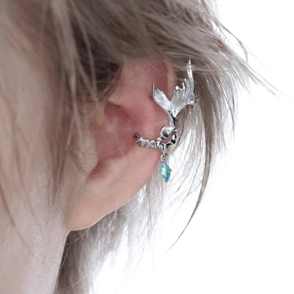 Ethereal Fluidity: Sterling Silver & Aquamarine Zircon Fishtail Ear Cuff