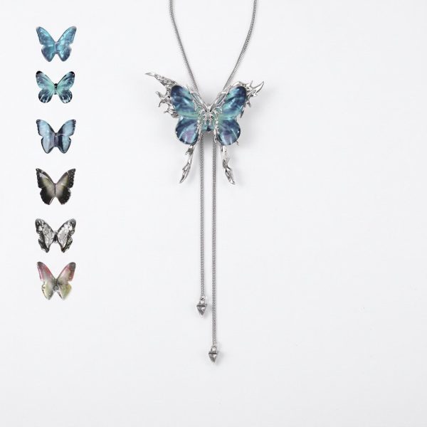 Ethereal Metamorphosis: Interchangeable Butterfly Cage S925 Silver Lariat Necklace