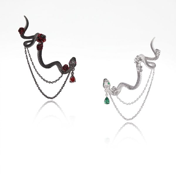 Mystic Transformation: Sterling Silver & Zirconia Serpent Rose Ear Cuff Studs