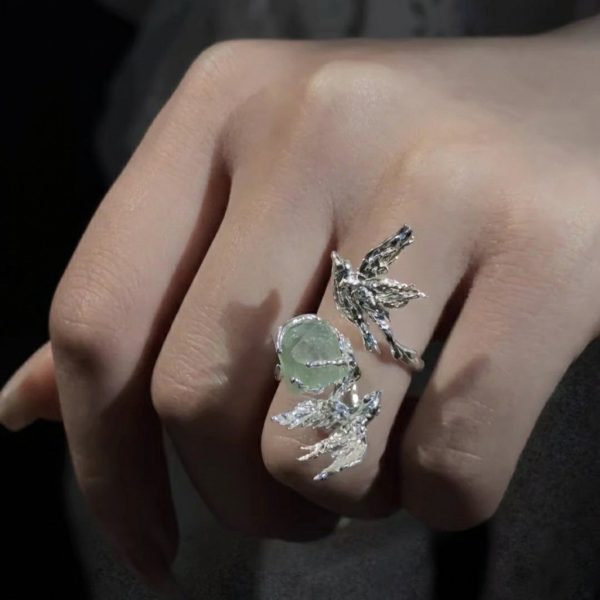 Spring Renewal: Natural Green Crystal & 925 Silver Flying Bird Adjustable Ring