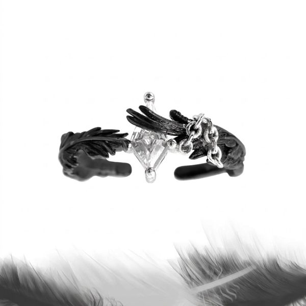 Eternal Paradox: Sterling Silver Dove & Raven Feather Garnet Couple Rings