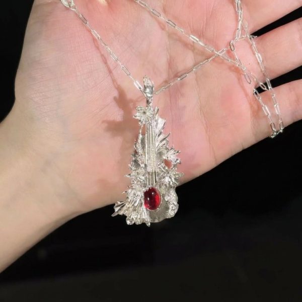 Melodic Passion: Natural Red Garnet & Sterling Silver Violin Pendant Necklace