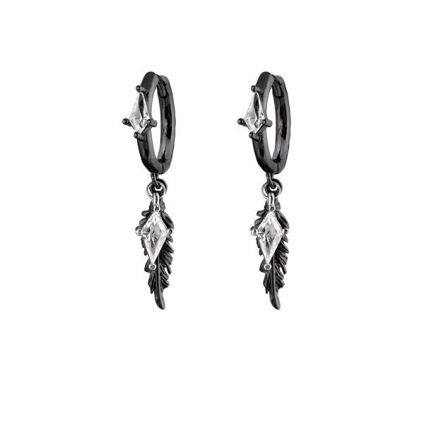 Mystic Protection: Gothic Feather & Garnet-Red Zirconia Huggie Earrings