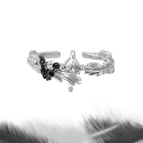 Eternal Paradox: Sterling Silver Dove & Raven Feather Garnet Couple Rings